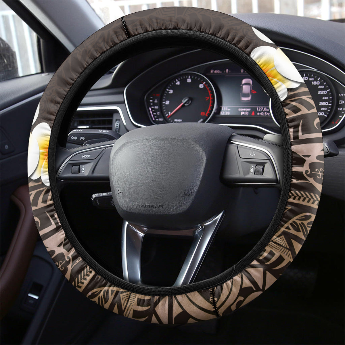 Brown Polynesia Steering Wheel Cover Plumeria Tropical Leaves With Galaxy Polynesian Art - Wonder Print Shop