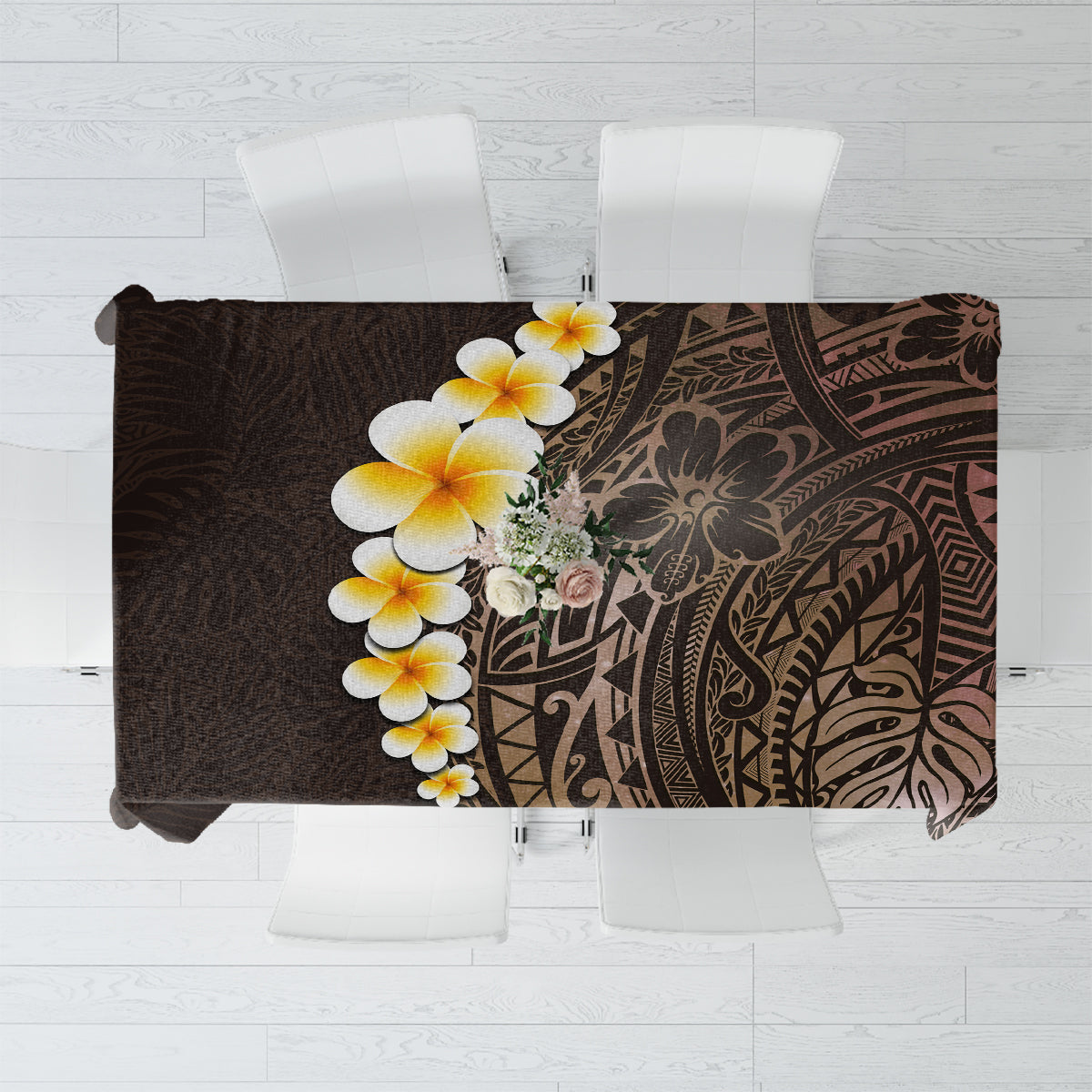 Brown Polynesia Tablecloth Plumeria Tropical Leaves With Galaxy Polynesian Art - Wonder Print Shop