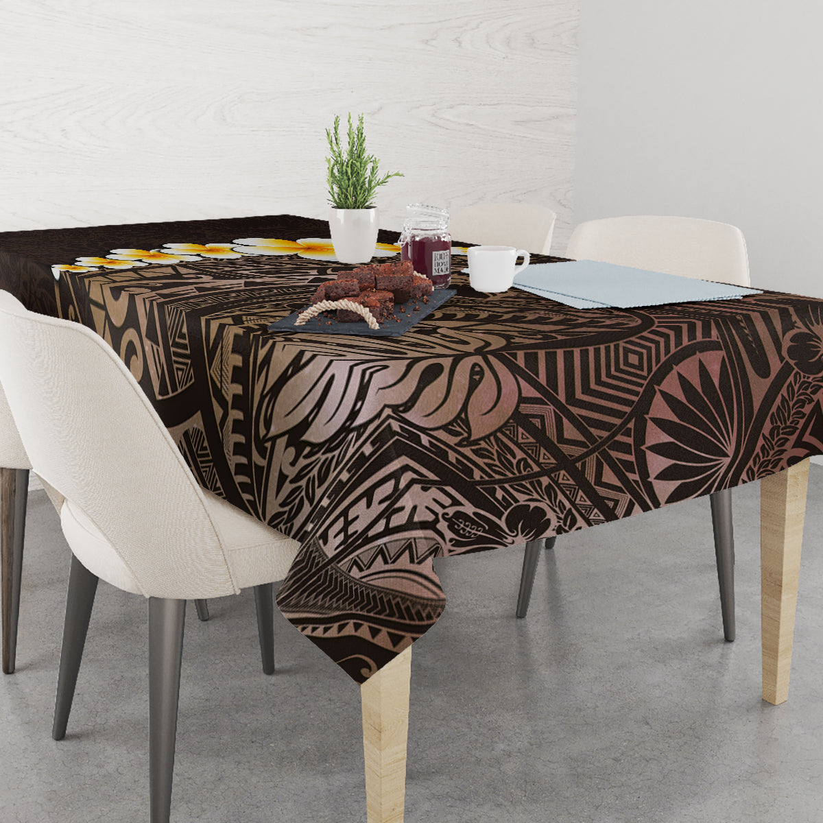 Brown Polynesia Tablecloth Plumeria Tropical Leaves With Galaxy Polynesian Art - Wonder Print Shop