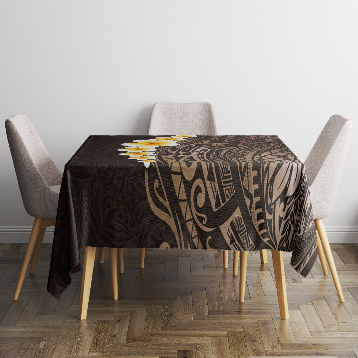 Brown Polynesia Tablecloth Plumeria Tropical Leaves With Galaxy Polynesian Art - Wonder Print Shop