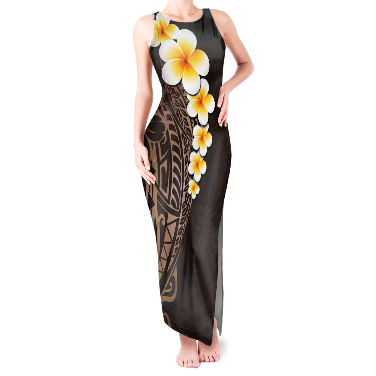 Brown Polynesia Tank Maxi Dress Plumeria Tropical Leaves With Galaxy Polynesian Art - Wonder Print Shop