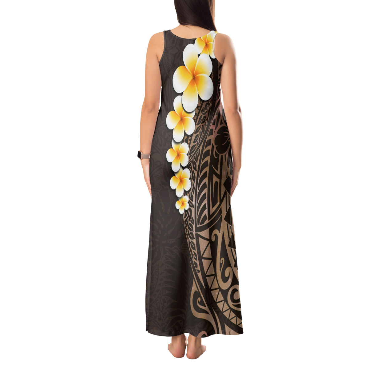 Brown Polynesia Tank Maxi Dress Plumeria Tropical Leaves With Galaxy Polynesian Art - Wonder Print Shop