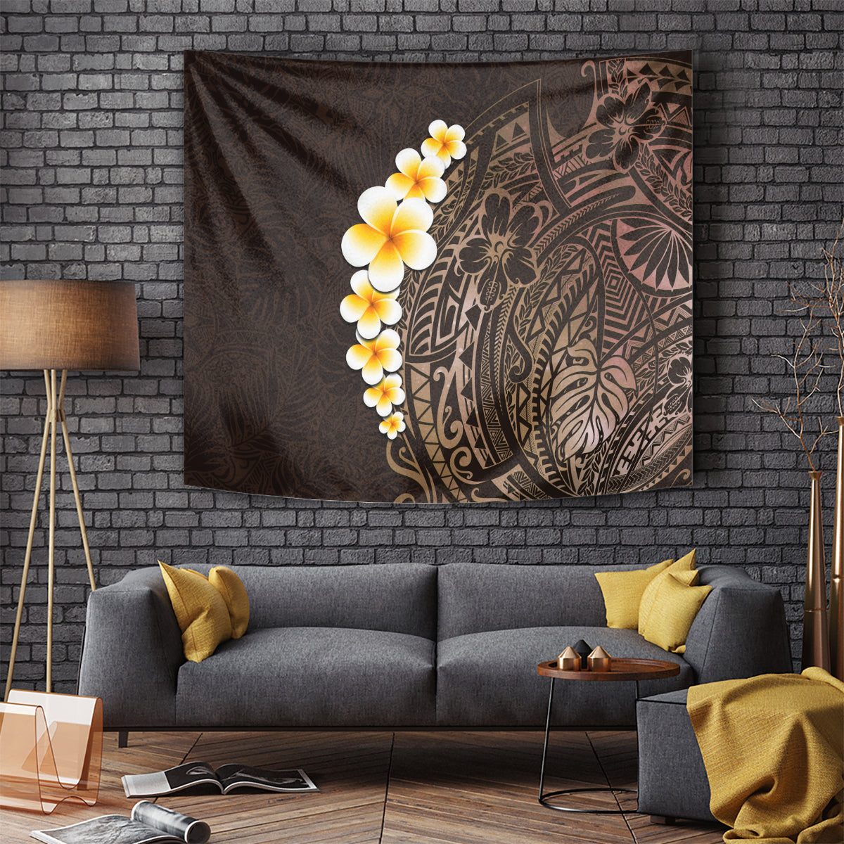 Brown Polynesia Tapestry Plumeria Tropical Leaves With Galaxy Polynesian Art - Wonder Print Shop