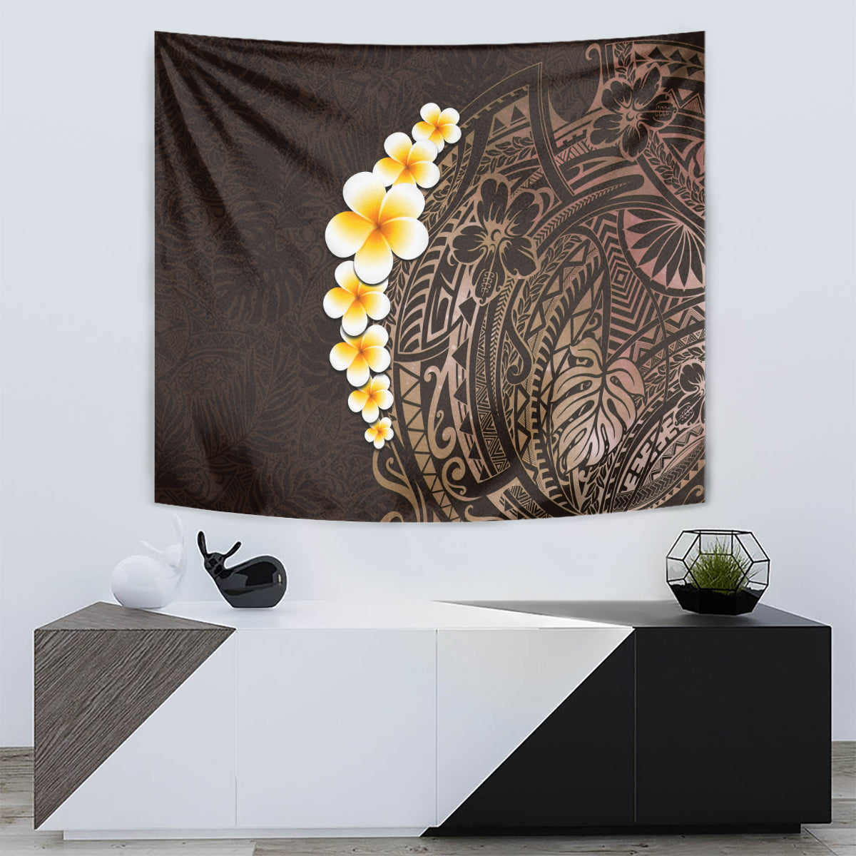 Brown Polynesia Tapestry Plumeria Tropical Leaves With Galaxy Polynesian Art - Wonder Print Shop