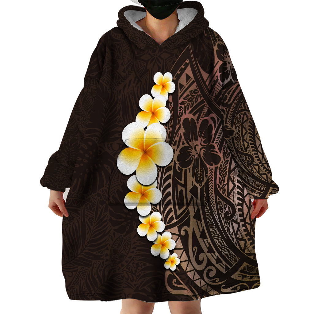 Brown Polynesia Wearable Blanket Hoodie Plumeria Tropical Leaves With Galaxy Polynesian Art - Wonder Print Shop
