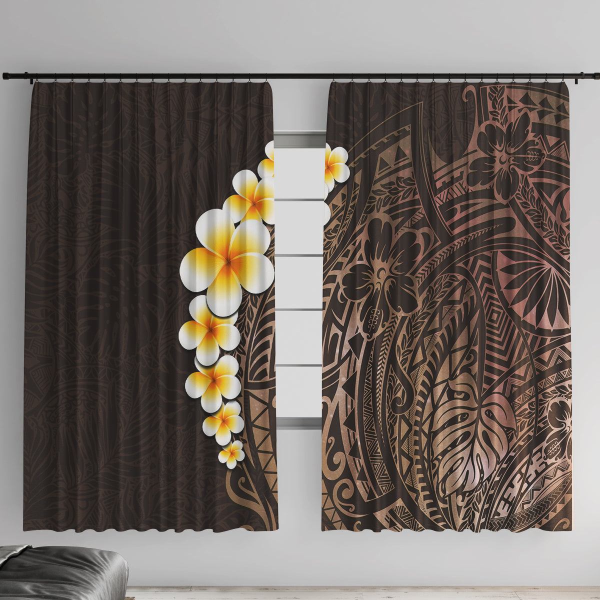 Brown Polynesia Window Curtain Plumeria Tropical Leaves With Galaxy Polynesian Art - Wonder Print Shop