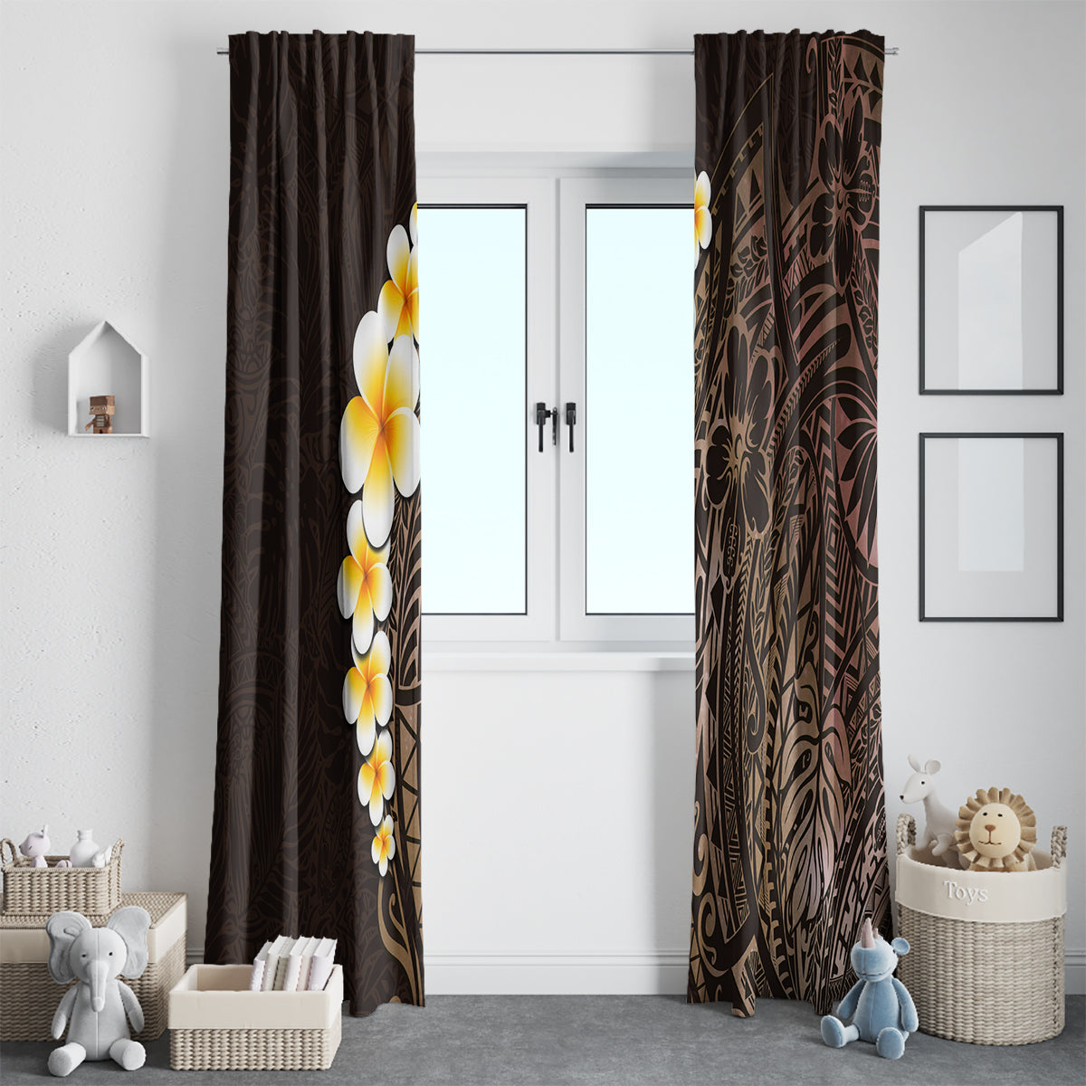 Brown Polynesia Window Curtain Plumeria Tropical Leaves With Galaxy Polynesian Art - Wonder Print Shop