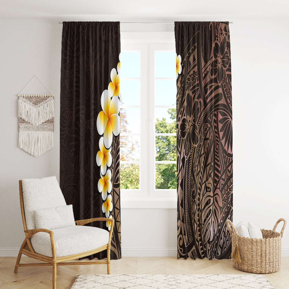 Brown Polynesia Window Curtain Plumeria Tropical Leaves With Galaxy Polynesian Art - Wonder Print Shop