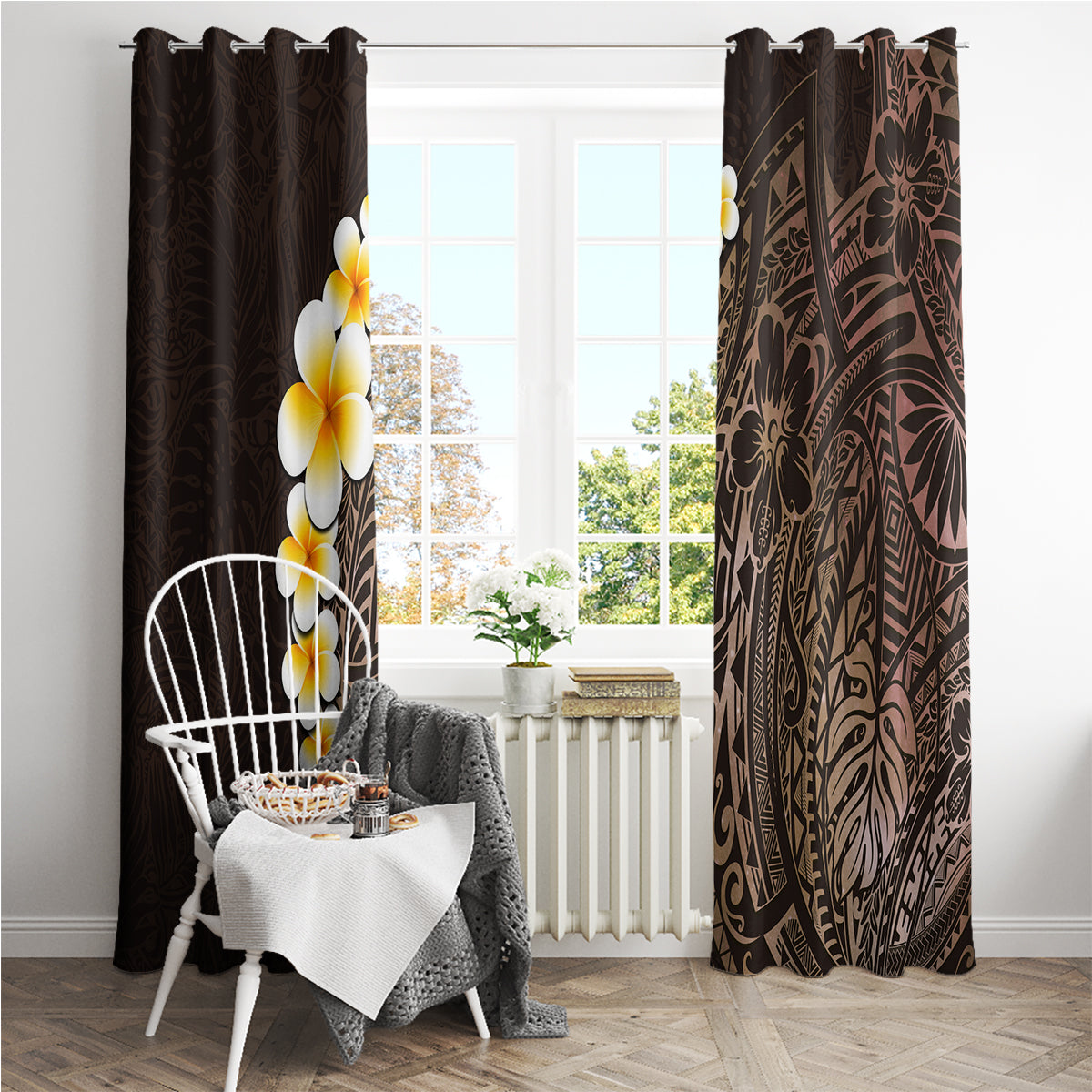 Brown Polynesia Window Curtain Plumeria Tropical Leaves With Galaxy Polynesian Art - Wonder Print Shop