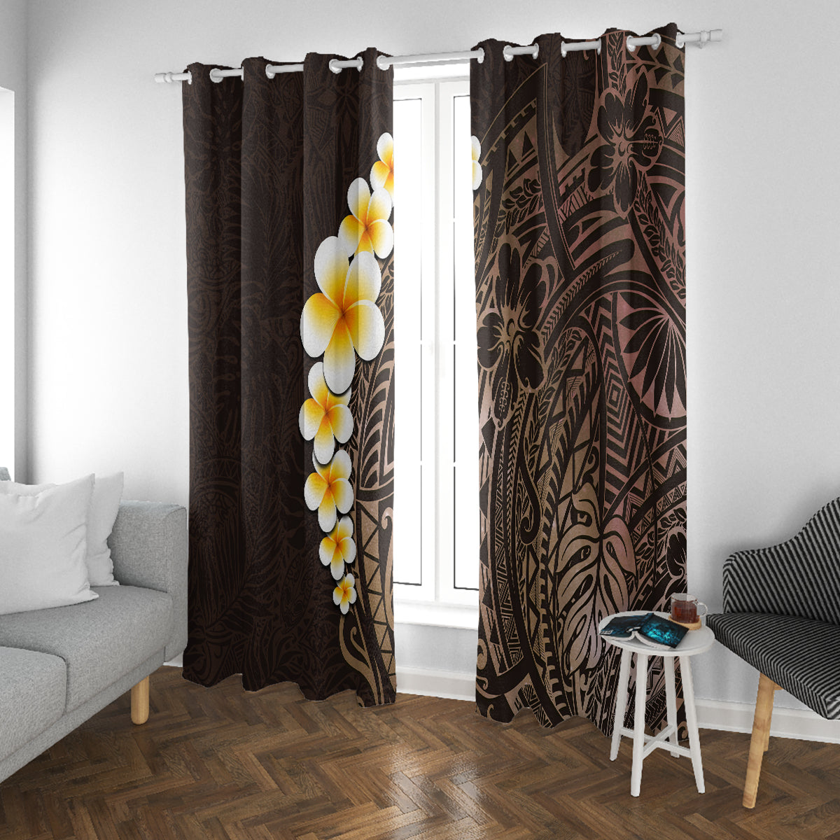 Brown Polynesia Window Curtain Plumeria Tropical Leaves With Galaxy Polynesian Art - Wonder Print Shop