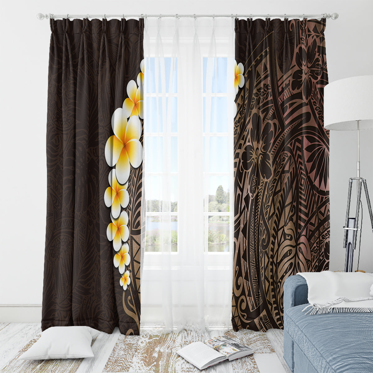 Brown Polynesia Window Curtain Plumeria Tropical Leaves With Galaxy Polynesian Art - Wonder Print Shop