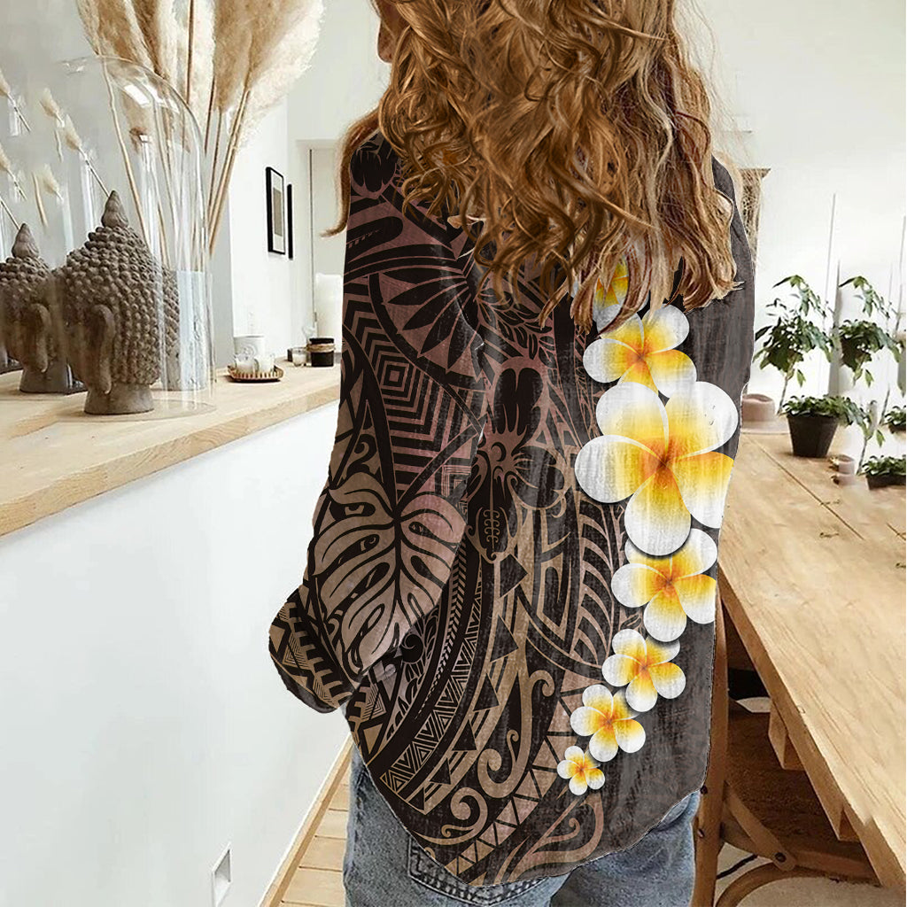 Brown Polynesia Women Casual Shirt Plumeria Tropical Leaves With Galaxy Polynesian Art - Wonder Print Shop