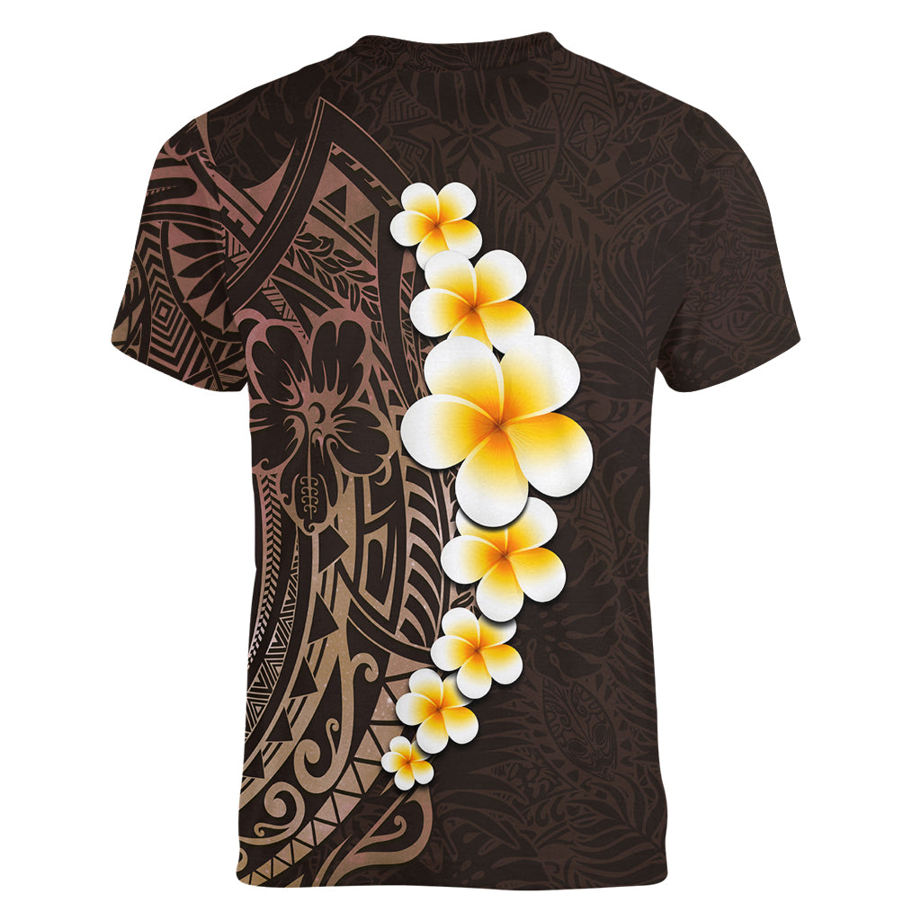 Brown Polynesia Women V Neck T Shirt Plumeria Tropical Leaves With Galaxy Polynesian Art - Wonder Print Shop