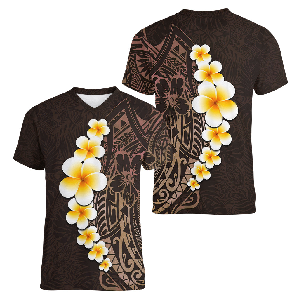 Brown Polynesia Women V Neck T Shirt Plumeria Tropical Leaves With Galaxy Polynesian Art - Wonder Print Shop