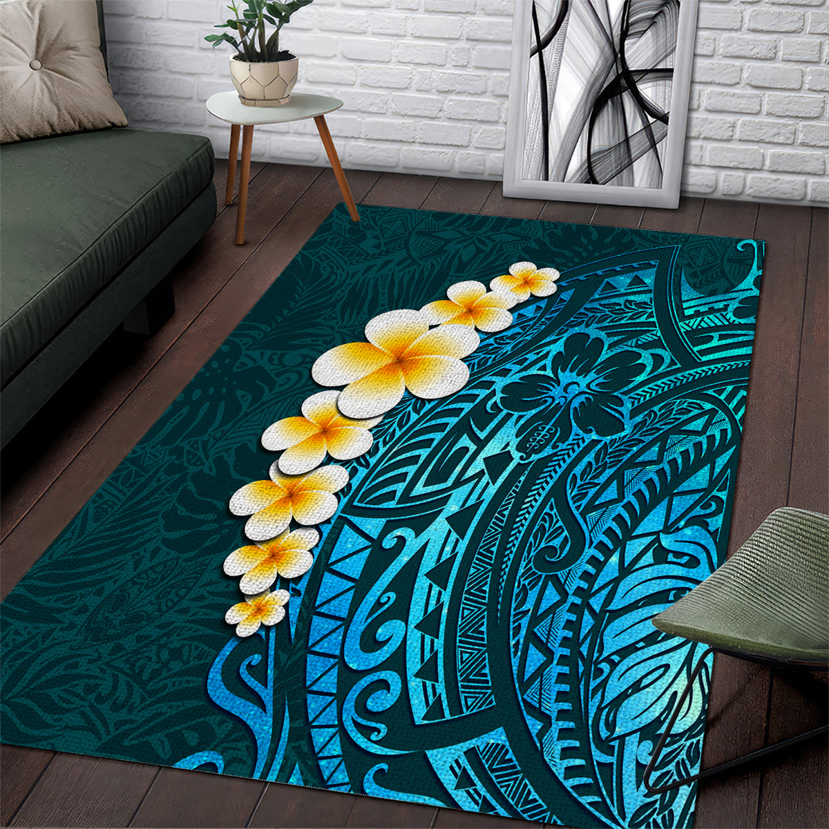 Turquosie Polynesia Area Rug Plumeria Tropical Leaves With Galaxy Polynesian Art - Wonder Print Shop