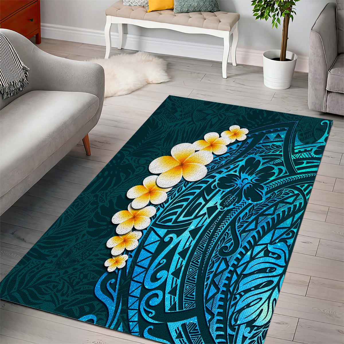 Turquosie Polynesia Area Rug Plumeria Tropical Leaves With Galaxy Polynesian Art - Wonder Print Shop