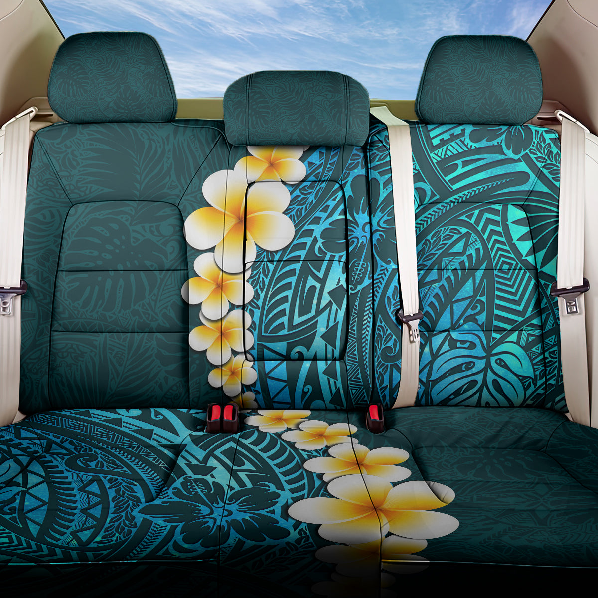 Turquosie Polynesia Back Car Seat Cover Plumeria Tropical Leaves With Galaxy Polynesian Art - Wonder Print Shop
