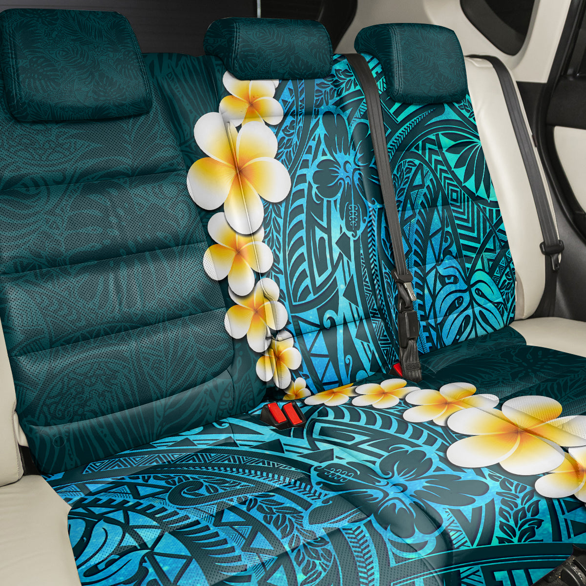 Turquosie Polynesia Back Car Seat Cover Plumeria Tropical Leaves With Galaxy Polynesian Art - Wonder Print Shop