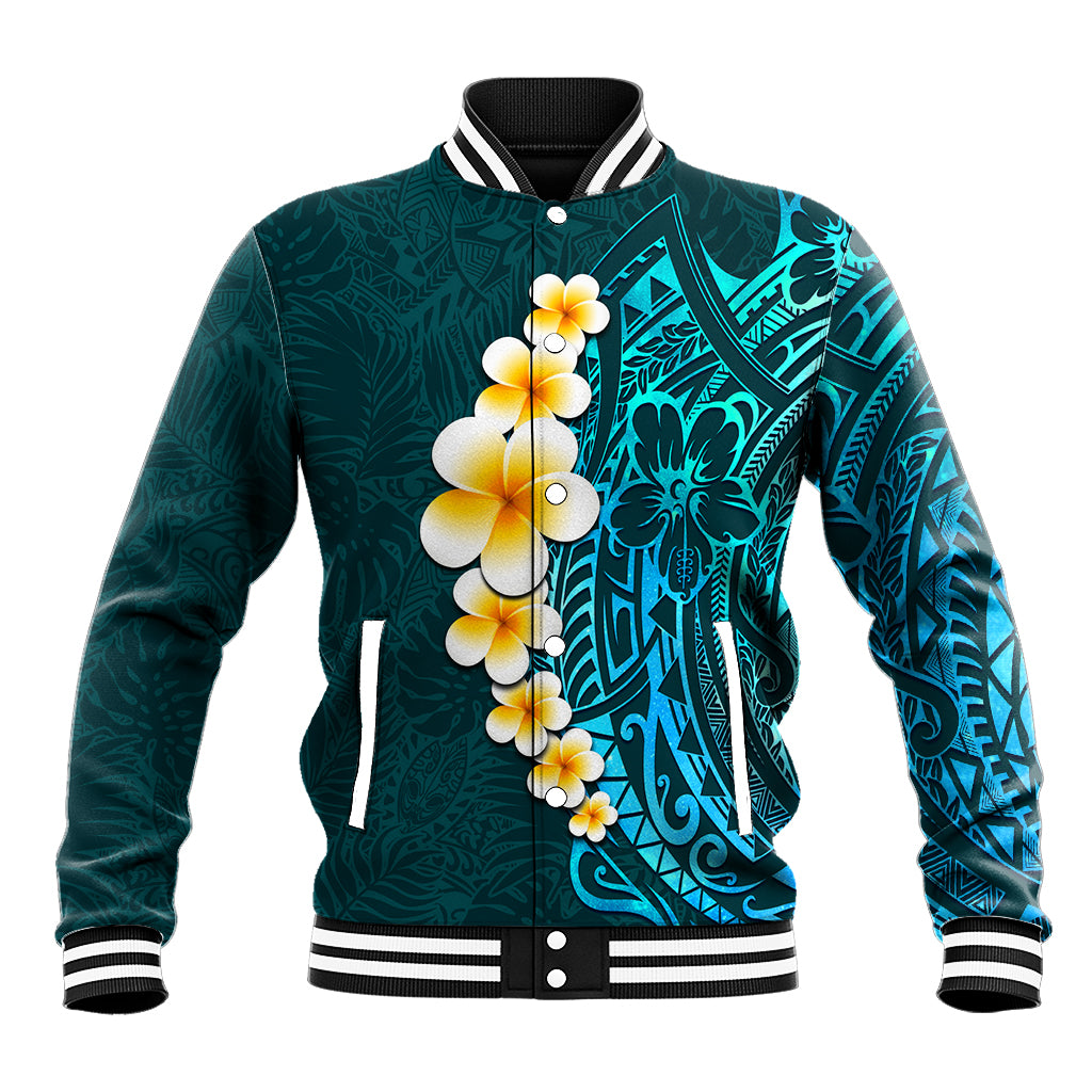 Turquosie Polynesia Baseball Jacket Plumeria Tropical Leaves With Galaxy Polynesian Art - Wonder Print Shop