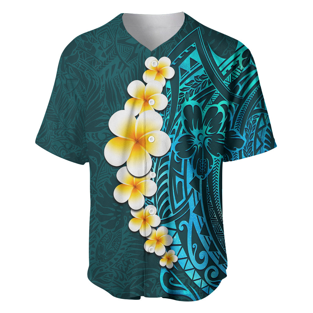Turquosie Polynesia Baseball Jersey Plumeria Tropical Leaves With Galaxy Polynesian Art - Wonder Print Shop