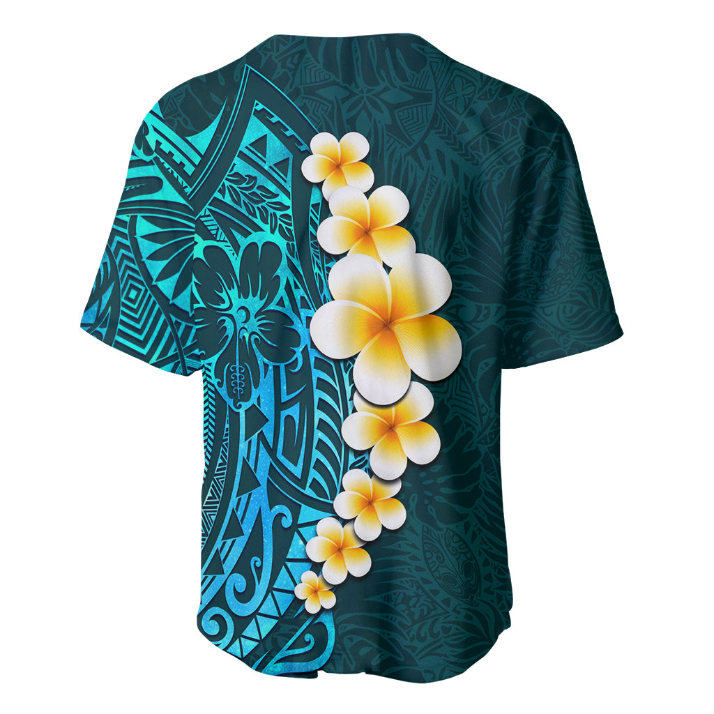 Turquosie Polynesia Baseball Jersey Plumeria Tropical Leaves With Galaxy Polynesian Art - Wonder Print Shop