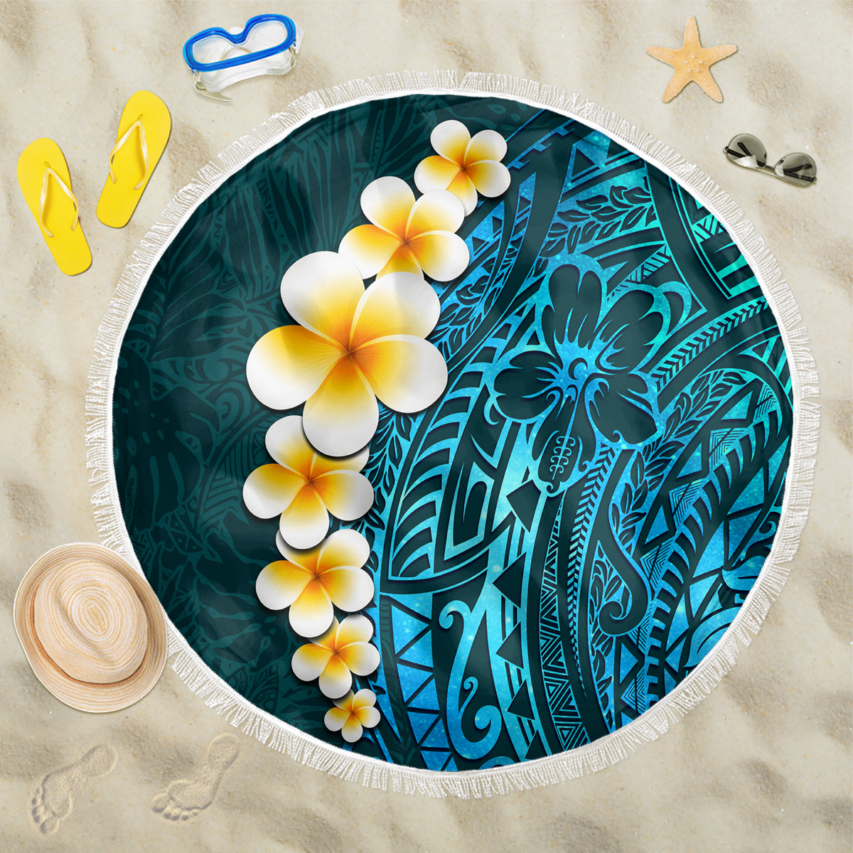 Turquosie Polynesia Beach Blanket Plumeria Tropical Leaves With Galaxy Polynesian Art - Wonder Print Shop