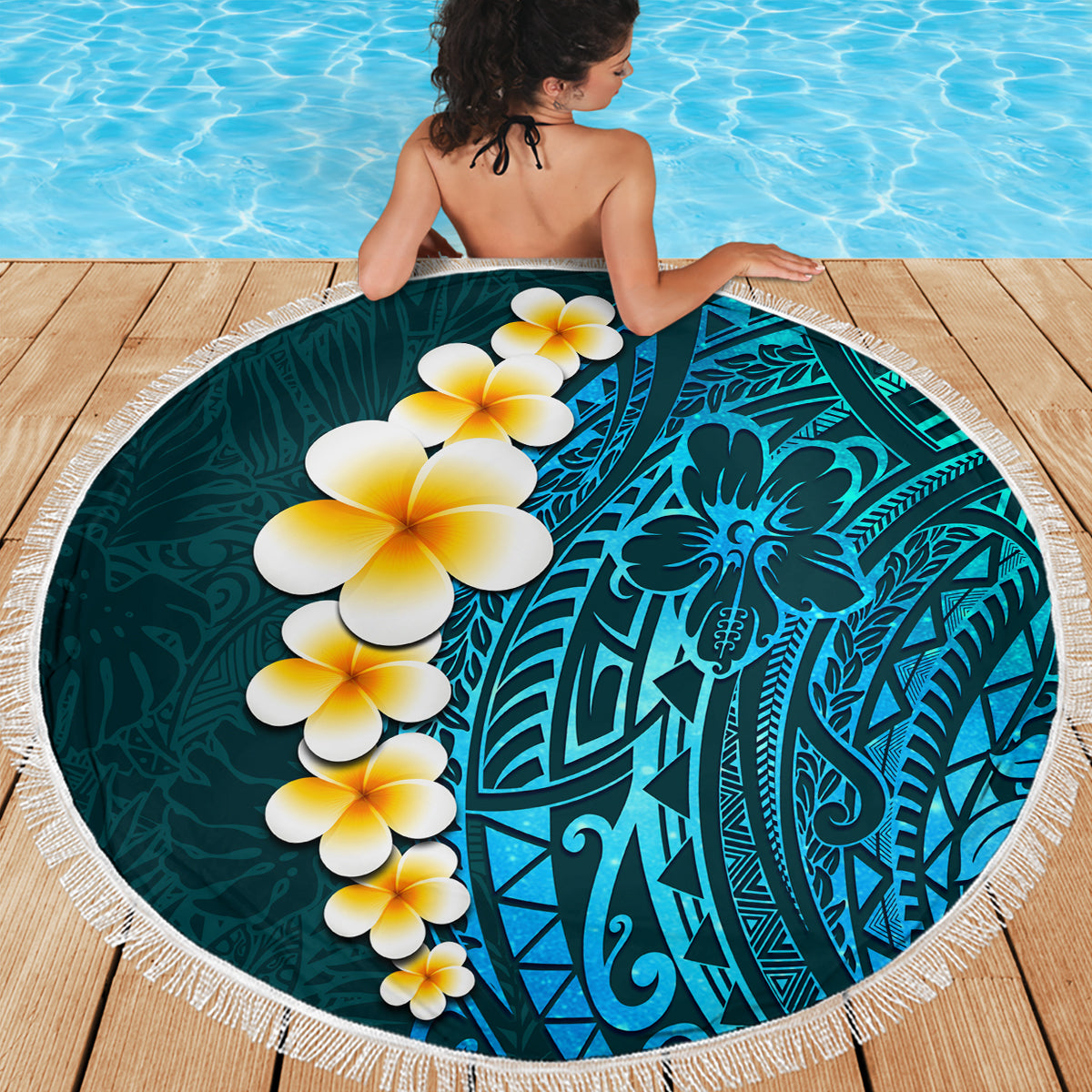 Turquosie Polynesia Beach Blanket Plumeria Tropical Leaves With Galaxy Polynesian Art - Wonder Print Shop