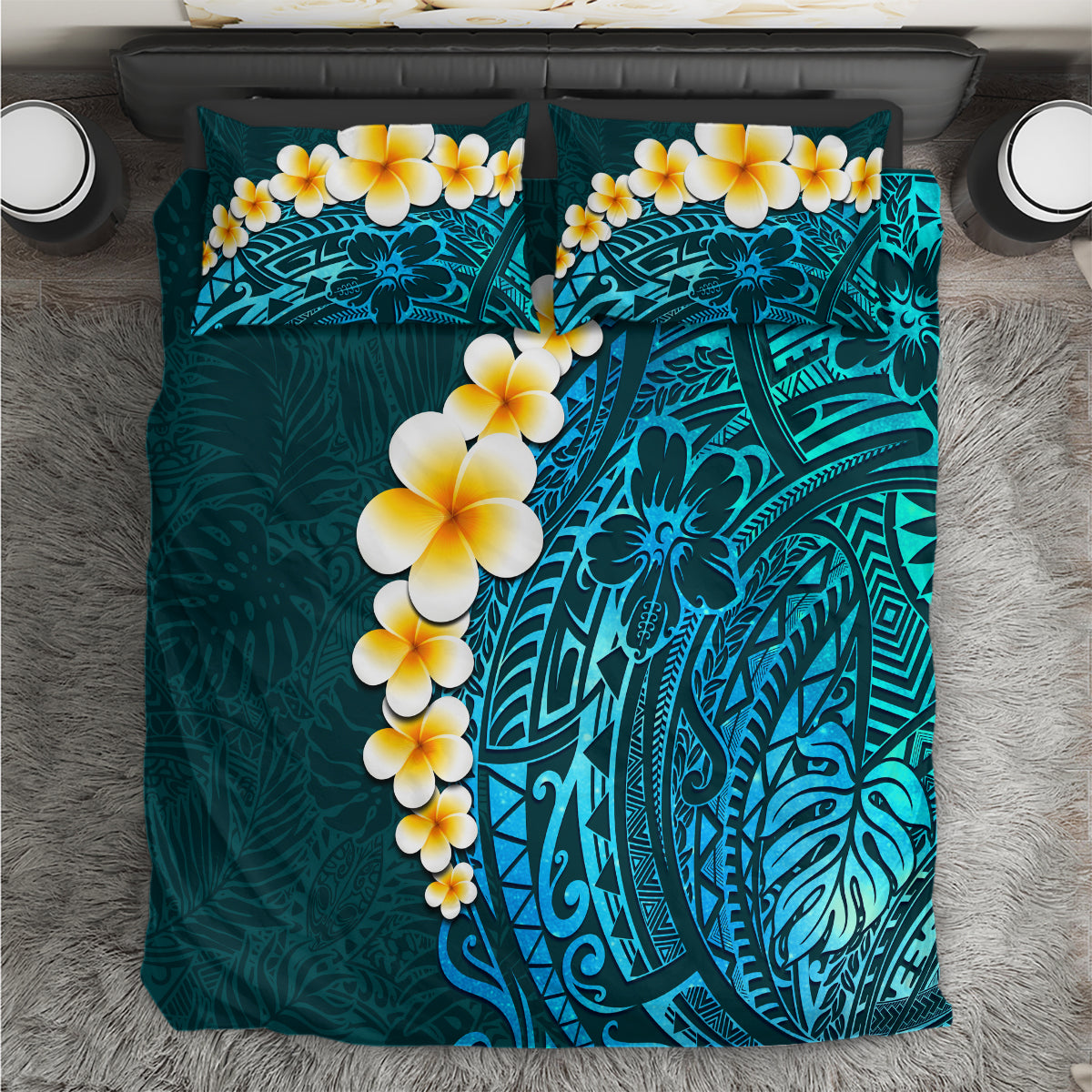 Turquosie Polynesia Bedding Set Plumeria Tropical Leaves With Galaxy Polynesian Art - Wonder Print Shop