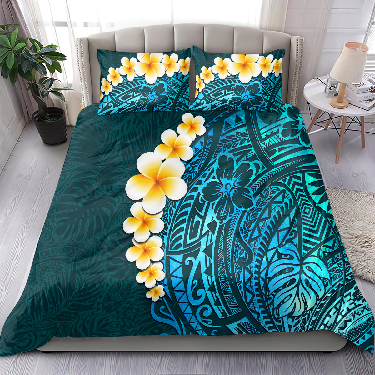 Turquosie Polynesia Bedding Set Plumeria Tropical Leaves With Galaxy Polynesian Art - Wonder Print Shop