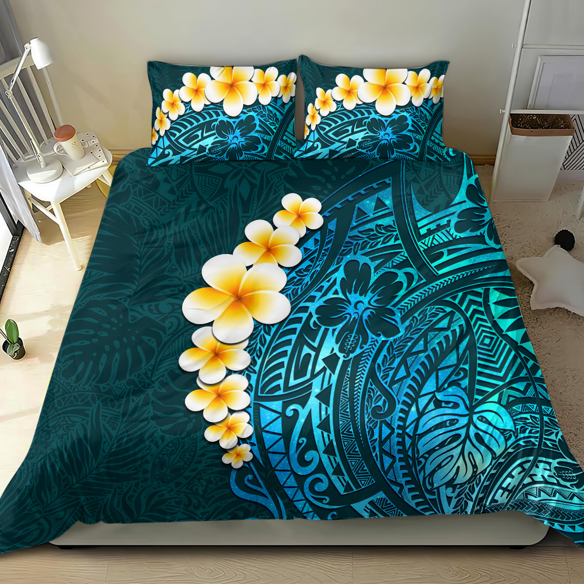 Turquosie Polynesia Bedding Set Plumeria Tropical Leaves With Galaxy Polynesian Art - Wonder Print Shop