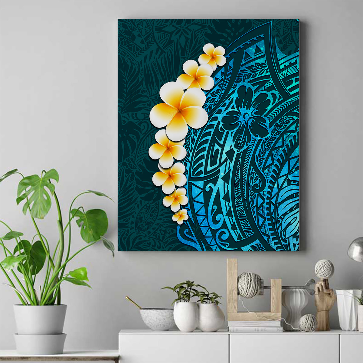 Turquosie Polynesia Canvas Wall Art Plumeria Tropical Leaves With Galaxy Polynesian Art - Wonder Print Shop