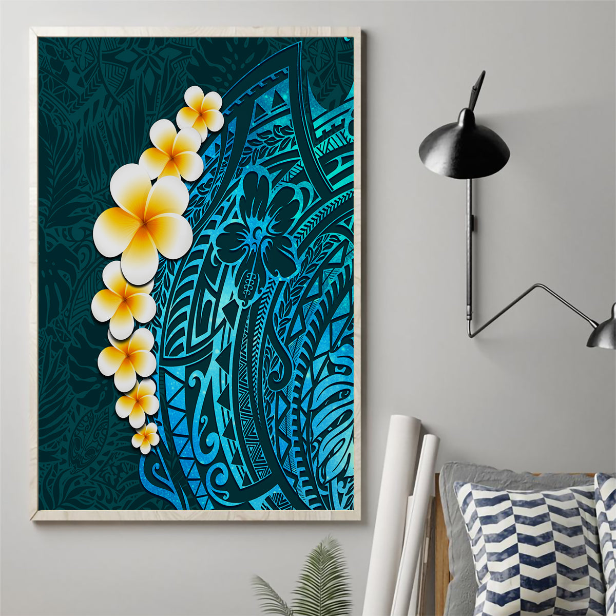 Turquosie Polynesia Canvas Wall Art Plumeria Tropical Leaves With Galaxy Polynesian Art - Wonder Print Shop