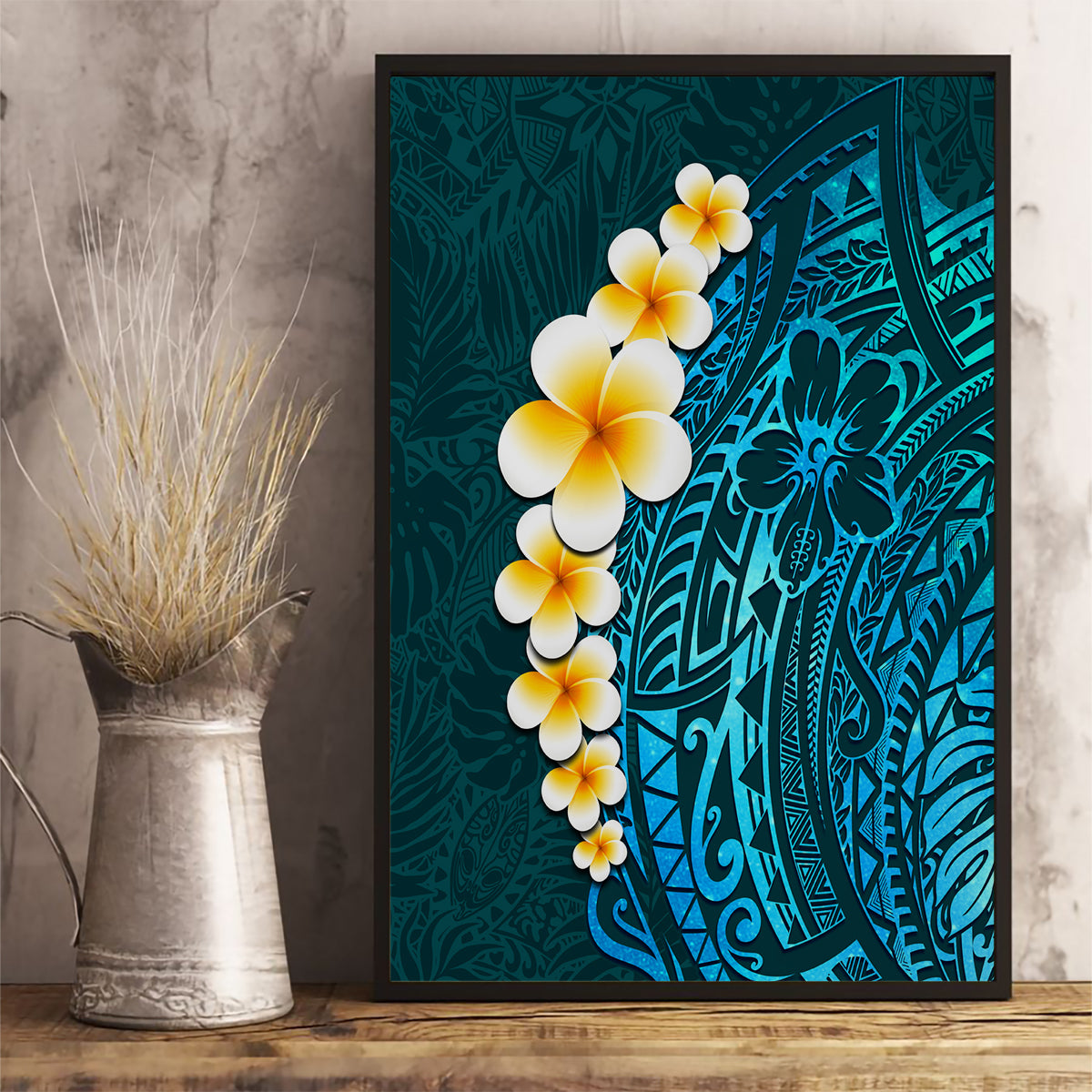 Turquosie Polynesia Canvas Wall Art Plumeria Tropical Leaves With Galaxy Polynesian Art - Wonder Print Shop