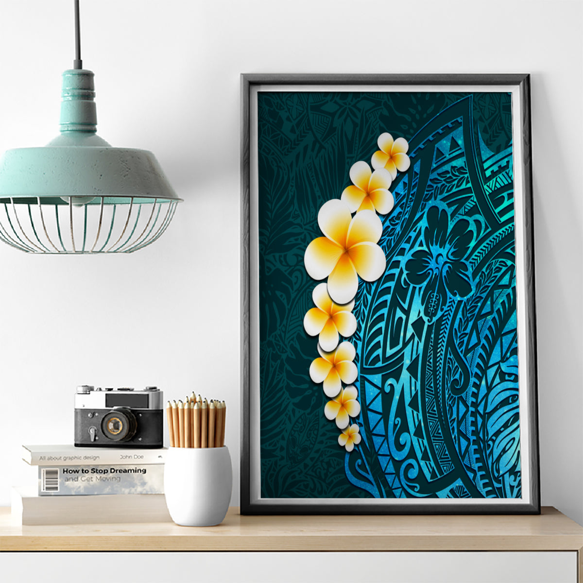 Turquosie Polynesia Canvas Wall Art Plumeria Tropical Leaves With Galaxy Polynesian Art - Wonder Print Shop