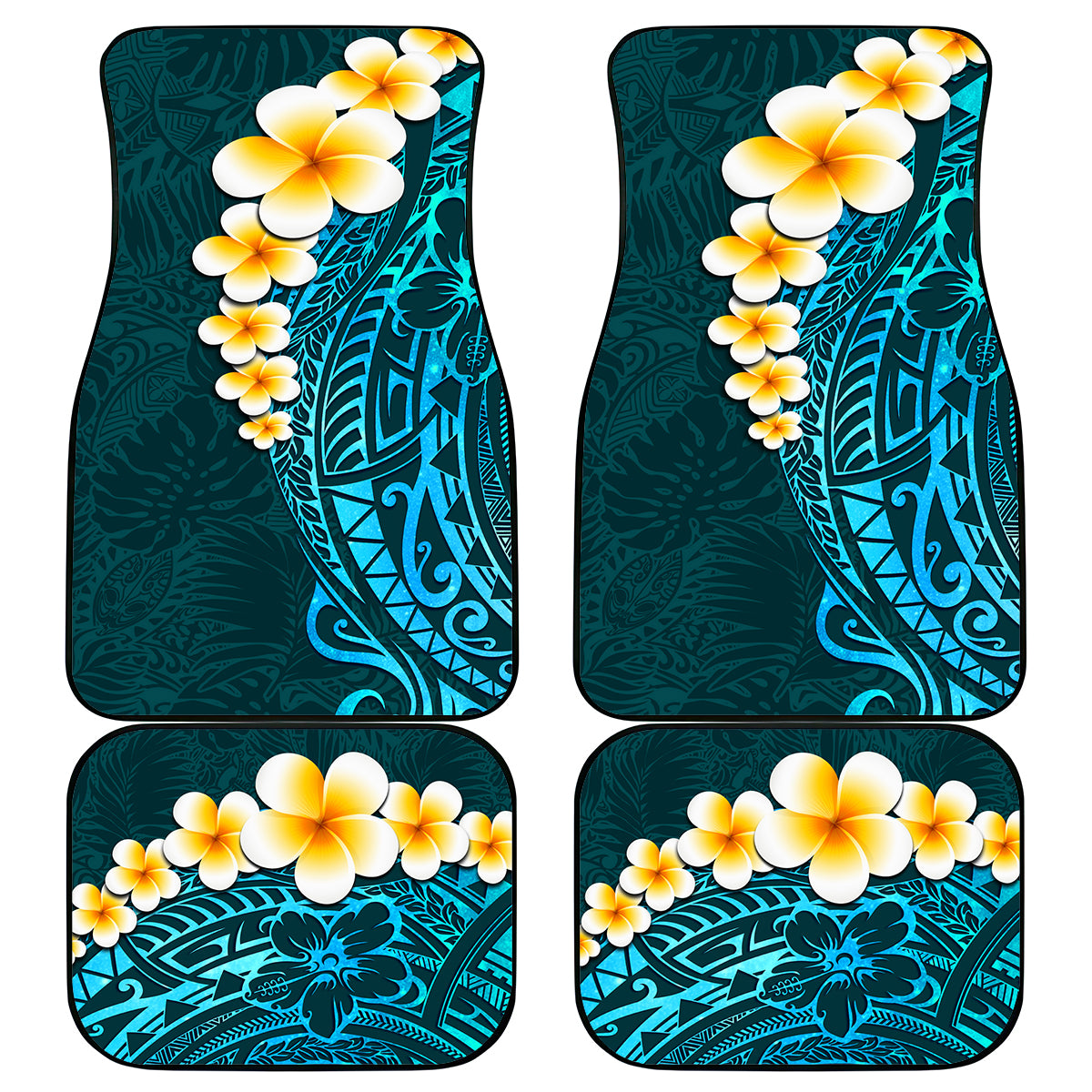 Turquosie Polynesia Car Mats Plumeria Tropical Leaves With Galaxy Polynesian Art - Wonder Print Shop