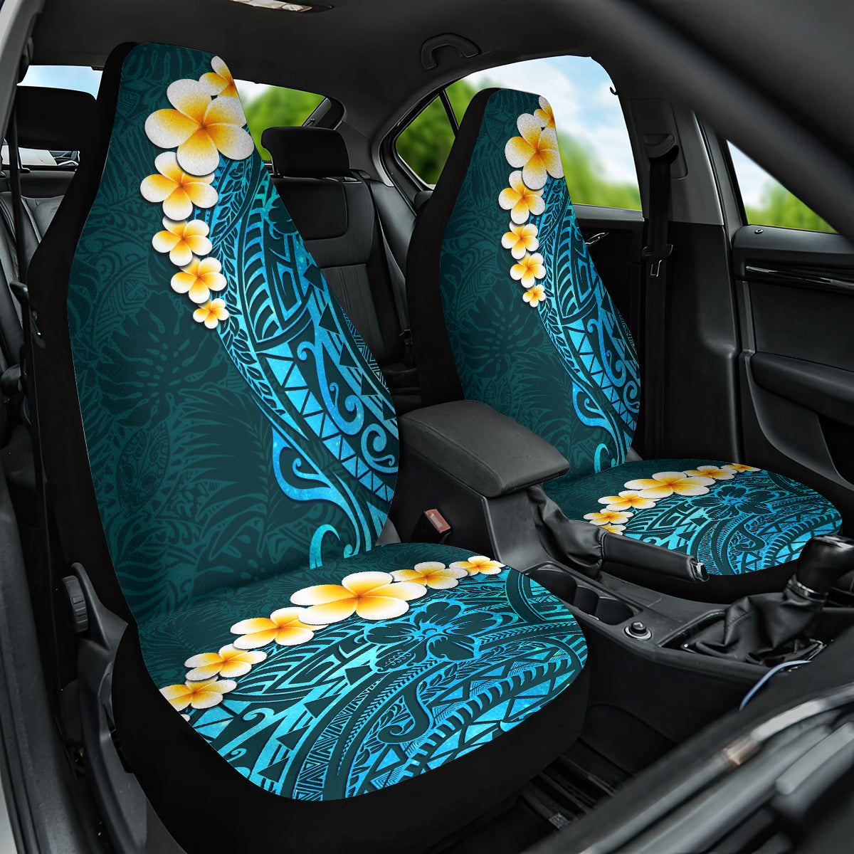 Turquosie Polynesia Car Seat Cover Plumeria Tropical Leaves With Galaxy Polynesian Art - Wonder Print Shop