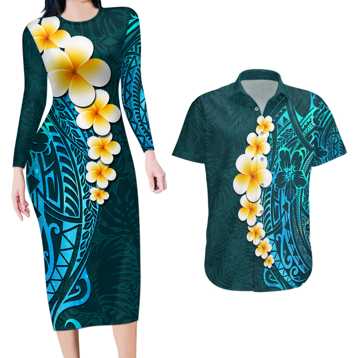 Turquosie Polynesia Couples Matching Long Sleeve Bodycon Dress and Hawaiian Shirt Plumeria Tropical Leaves With Galaxy Polynesian Art - Wonder Print Shop