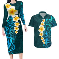 Turquosie Polynesia Couples Matching Long Sleeve Bodycon Dress and Hawaiian Shirt Plumeria Tropical Leaves With Galaxy Polynesian Art - Wonder Print Shop