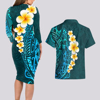 Turquosie Polynesia Couples Matching Long Sleeve Bodycon Dress and Hawaiian Shirt Plumeria Tropical Leaves With Galaxy Polynesian Art - Wonder Print Shop