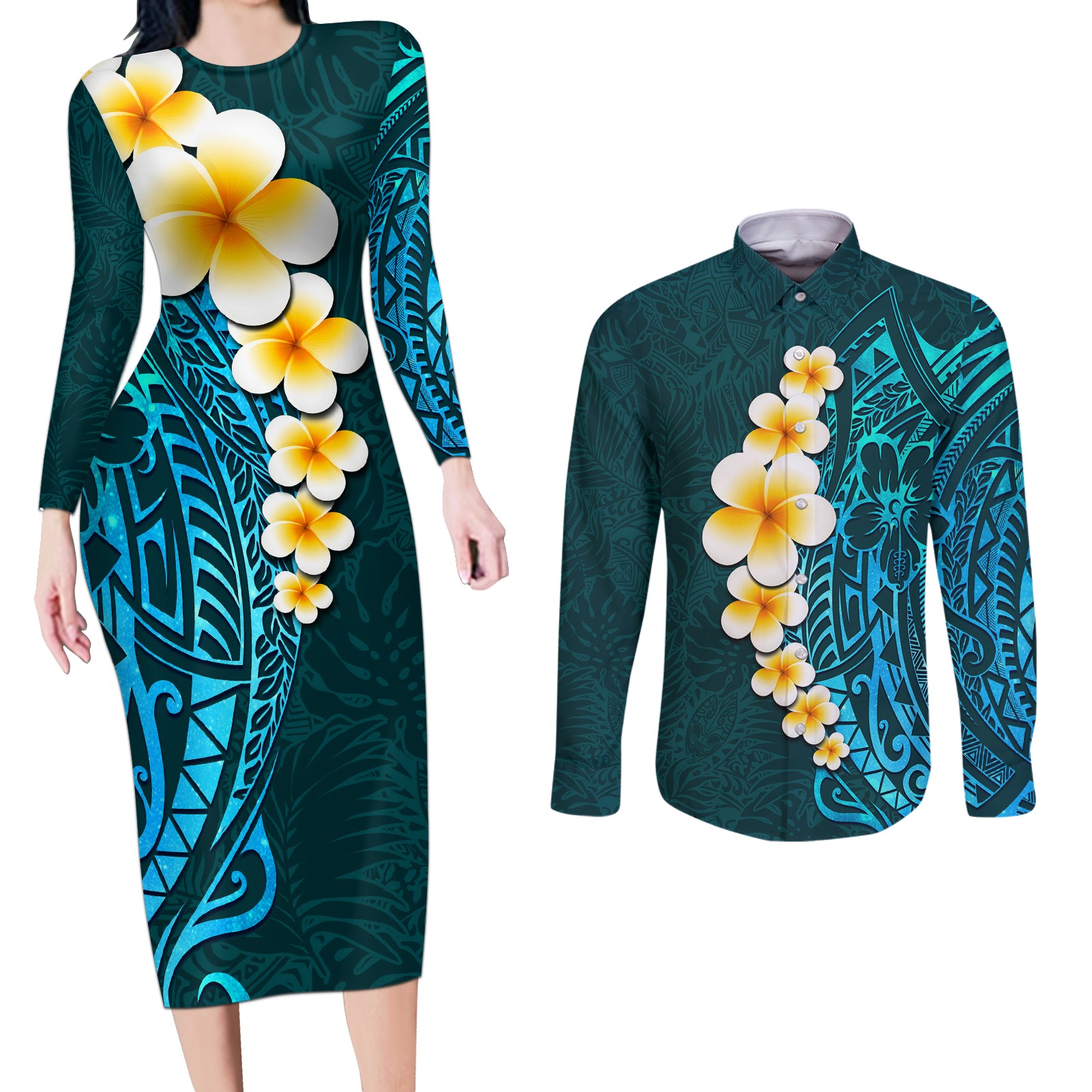 Turquosie Polynesia Couples Matching Long Sleeve Bodycon Dress and Long Sleeve Button Shirt Plumeria Tropical Leaves With Galaxy Polynesian Art - Wonder Print Shop