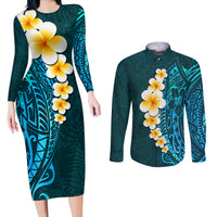 Turquosie Polynesia Couples Matching Long Sleeve Bodycon Dress and Long Sleeve Button Shirt Plumeria Tropical Leaves With Galaxy Polynesian Art - Wonder Print Shop