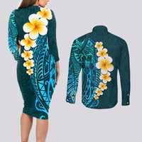 Turquosie Polynesia Couples Matching Long Sleeve Bodycon Dress and Long Sleeve Button Shirt Plumeria Tropical Leaves With Galaxy Polynesian Art - Wonder Print Shop