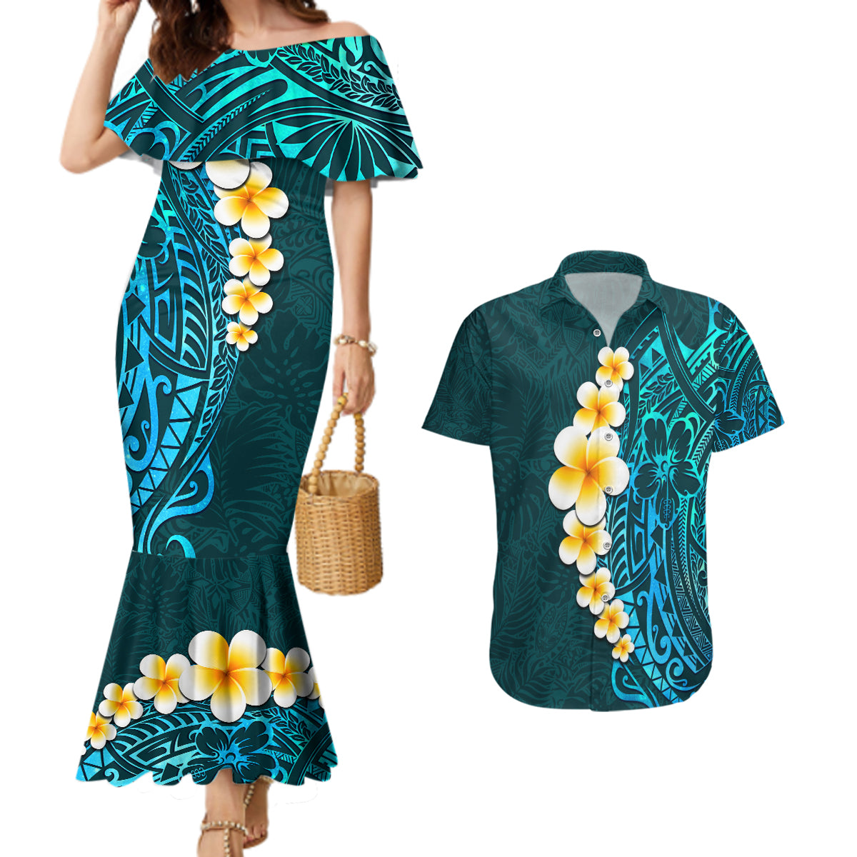 Turquosie Polynesia Couples Matching Mermaid Dress and Hawaiian Shirt Plumeria Tropical Leaves With Galaxy Polynesian Art - Wonder Print Shop