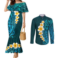 turquosie-polynesia-couples-matching-mermaid-dress-and-long-sleeve-button-shirt-plumeria-tropical-leaves-with-galaxy-polynesian-art