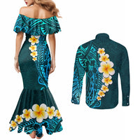 turquosie-polynesia-couples-matching-mermaid-dress-and-long-sleeve-button-shirt-plumeria-tropical-leaves-with-galaxy-polynesian-art