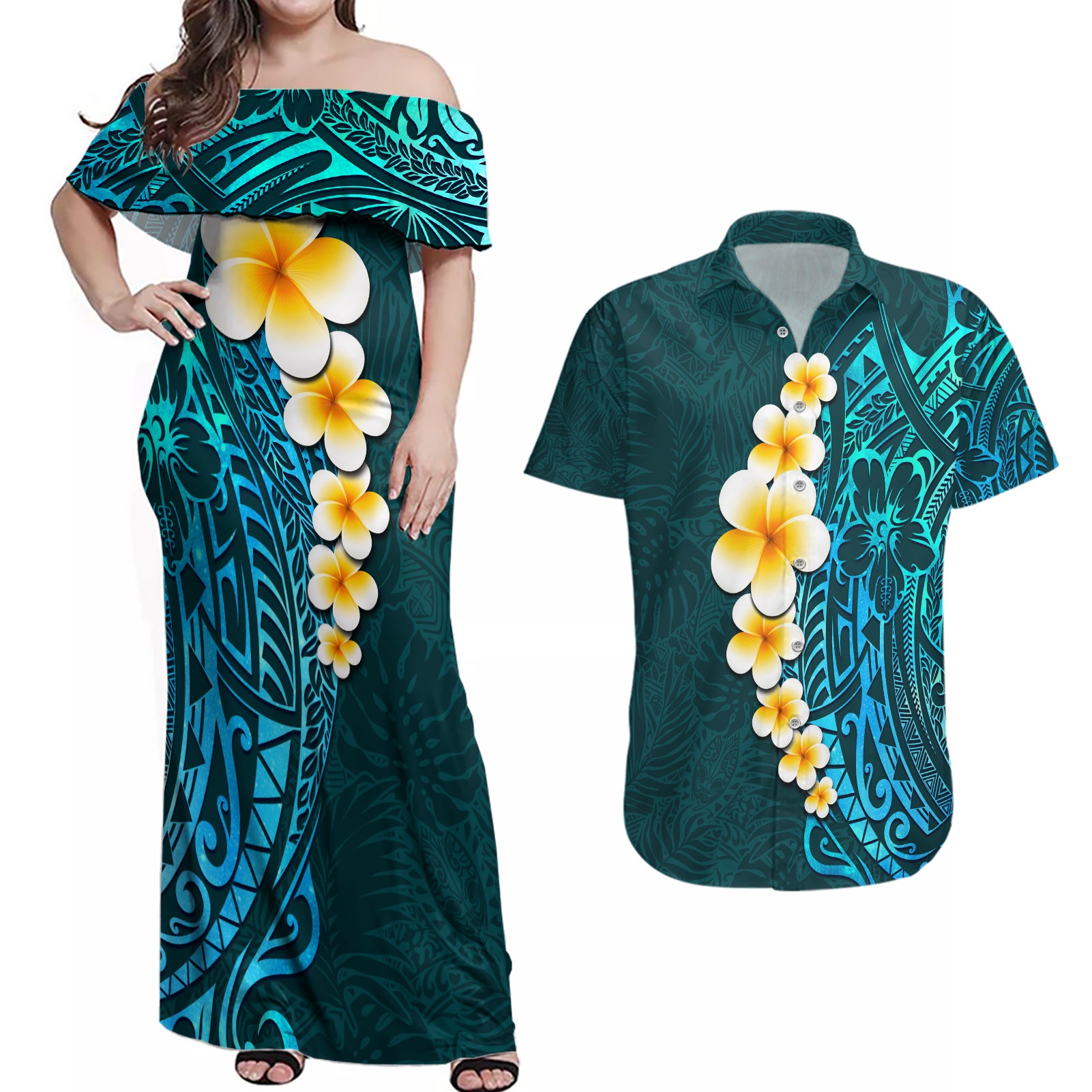 Turquosie Polynesia Couples Matching Off Shoulder Maxi Dress and Hawaiian Shirt Plumeria Tropical Leaves With Galaxy Polynesian Art - Wonder Print Shop