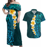 Turquosie Polynesia Couples Matching Off Shoulder Maxi Dress and Hawaiian Shirt Plumeria Tropical Leaves With Galaxy Polynesian Art - Wonder Print Shop
