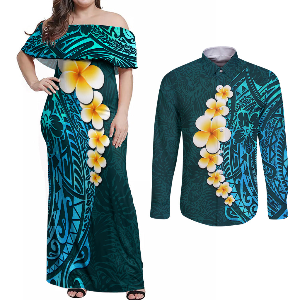 Turquosie Polynesia Couples Matching Off Shoulder Maxi Dress and Long Sleeve Button Shirt Plumeria Tropical Leaves With Galaxy Polynesian Art - Wonder Print Shop