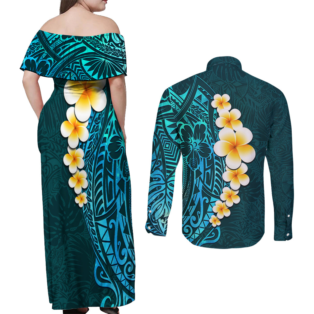 Turquosie Polynesia Couples Matching Off Shoulder Maxi Dress and Long Sleeve Button Shirt Plumeria Tropical Leaves With Galaxy Polynesian Art - Wonder Print Shop