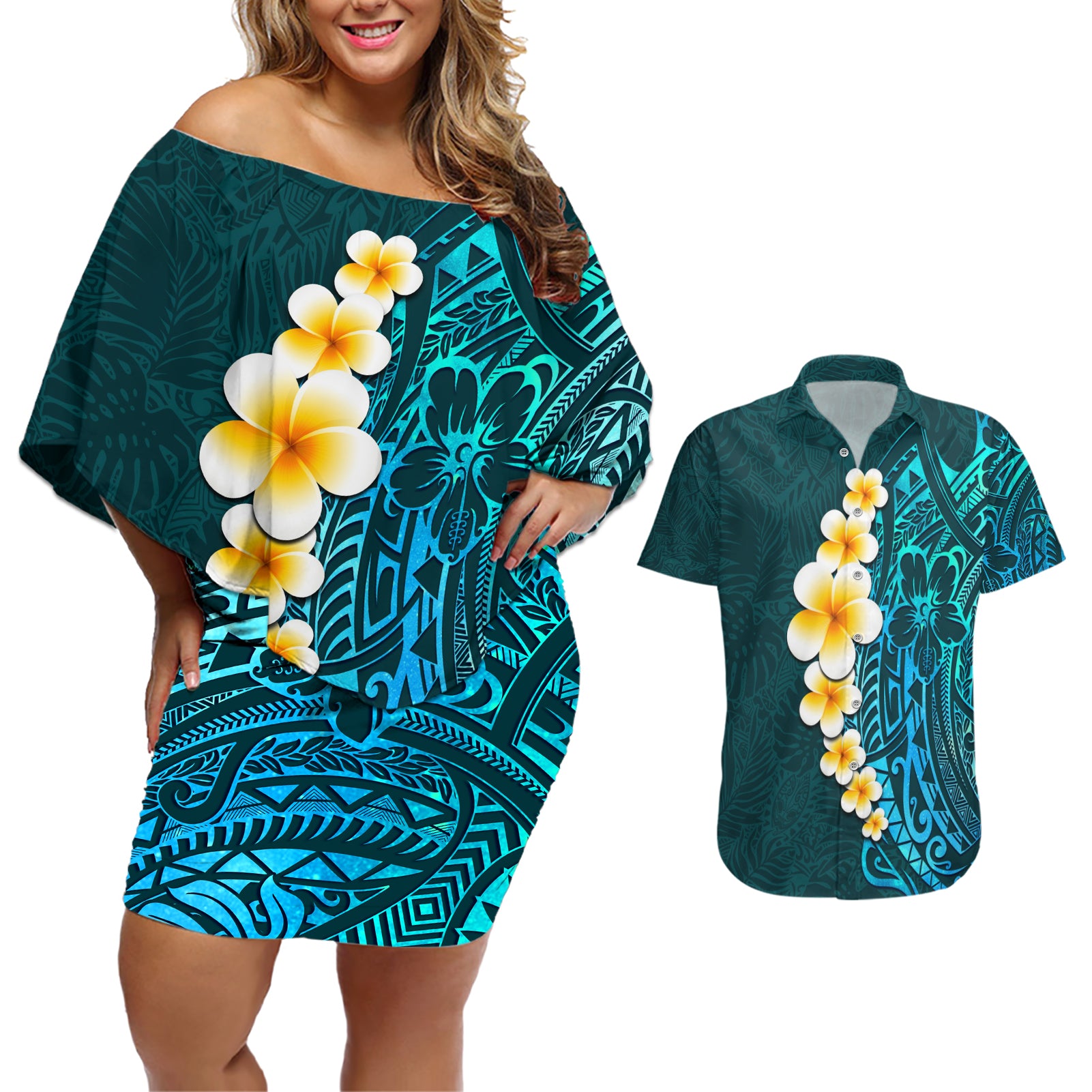 Turquosie Polynesia Couples Matching Off Shoulder Short Dress and Hawaiian Shirt Plumeria Tropical Leaves With Galaxy Polynesian Art - Wonder Print Shop